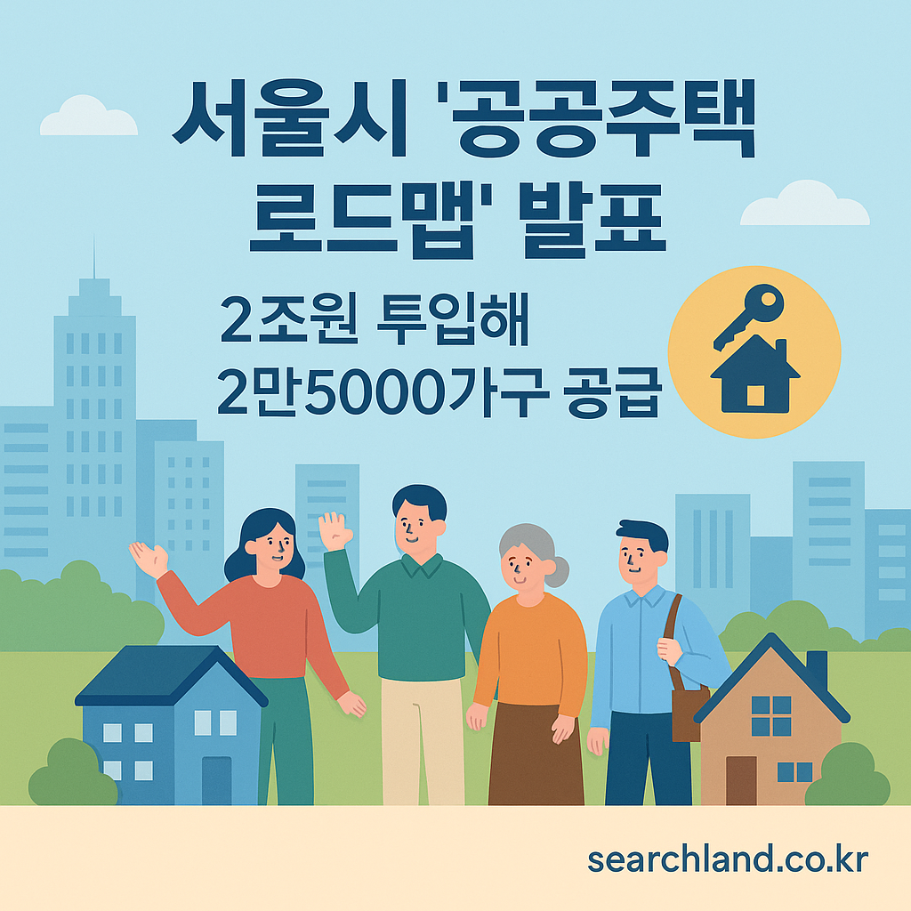 서울시가 발표한 공공주택 로드맵을 상징적으로 표현한 이미지. 고층 건물 배경과 시민들이 함께하는 장면 속에 주거안정을 상징하는 아이콘들이 어우러져 있으며, 공공주택 공급 확대 메시지를 담고 있다.