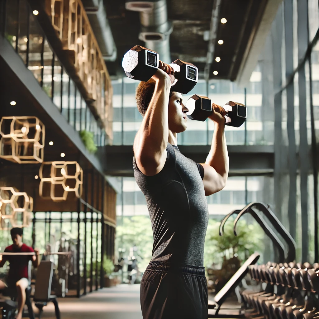 덤벨 숄더프레스 하는 모습