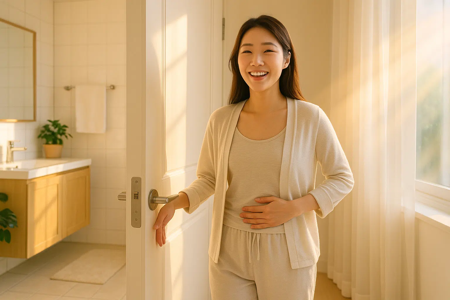 아침에 상쾌하게 화장실에서 나오는 사람, 환하게 웃는 표정, 배가 편안해진 느낌, 밝은 햇살이 들어오는 욕실, 상쾌하고 가벼운 하루 시작