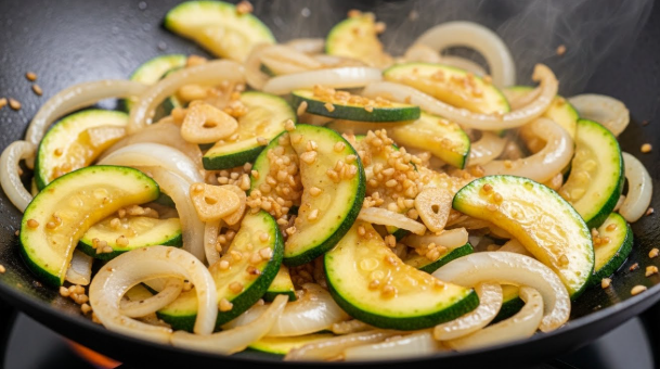 들기름에 마늘 향을 낸 후, 애호박과 양파를 넣고 노릇노릇해지도록 볶고 있는 모습