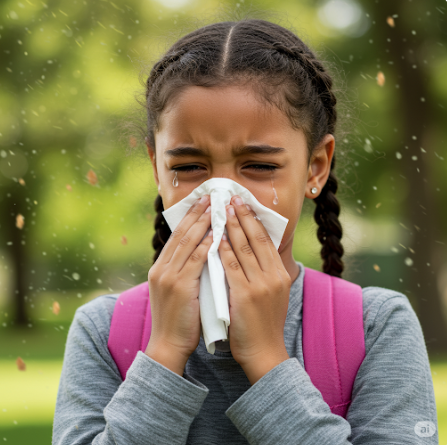 송화가루로 인해 재채기 하고 있는 여자아이