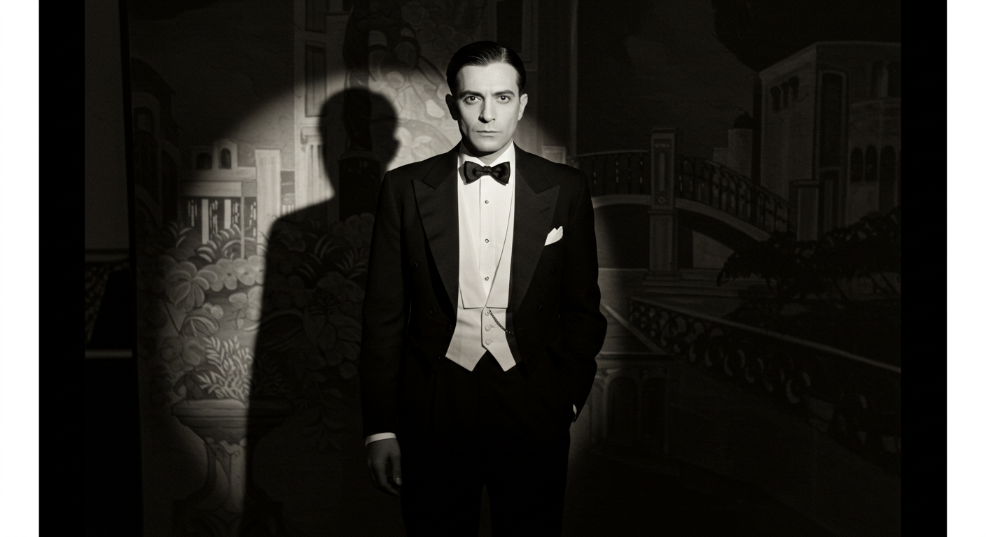 1930년대 영화의 조연 배우가 클래식 턱시도를 입은 모습