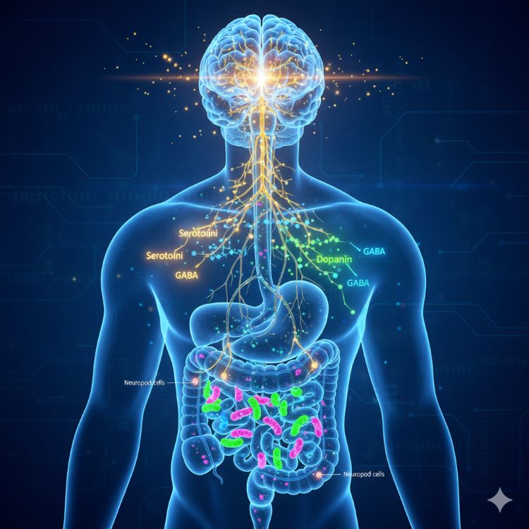 인간의 소화기관에서 다채로운 장내 세균들이 신경섬유(미주신경)를 타고 뇌로 신호를 보내는 모습을 표현한 3D 의학 일러스트. 세균들이 만드는 세로토닌, 도파민, GABA 분자가 형형색색의 빛으로 표현되어 신경망을 따라 뇌로 이동하며, Neuropod 세포가 시냅스를 형성한 모습이 강조된 과학적이고 역동적인 이미지