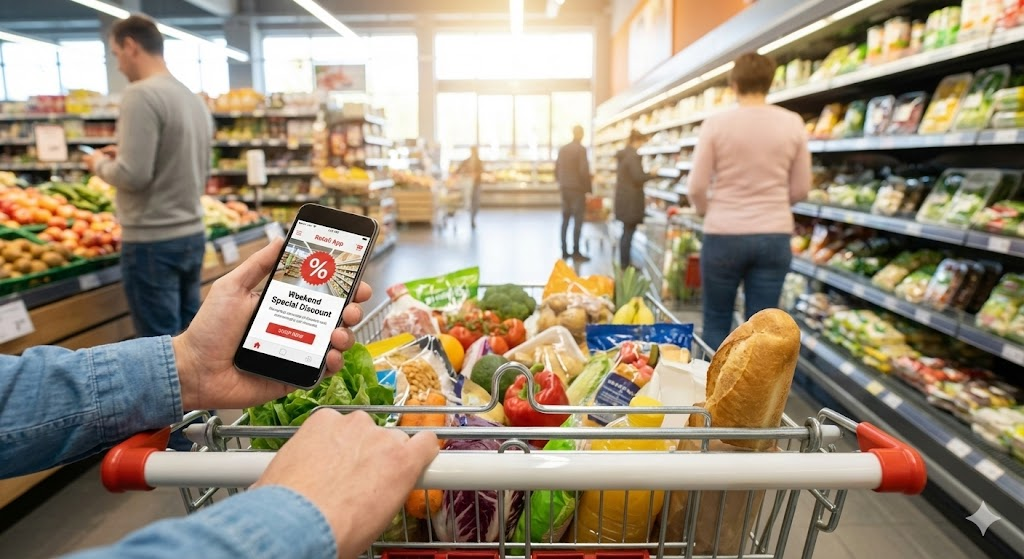 주말 대형 마트에서 장을 보는 카트 시점, 생활비 절약 쇼핑.