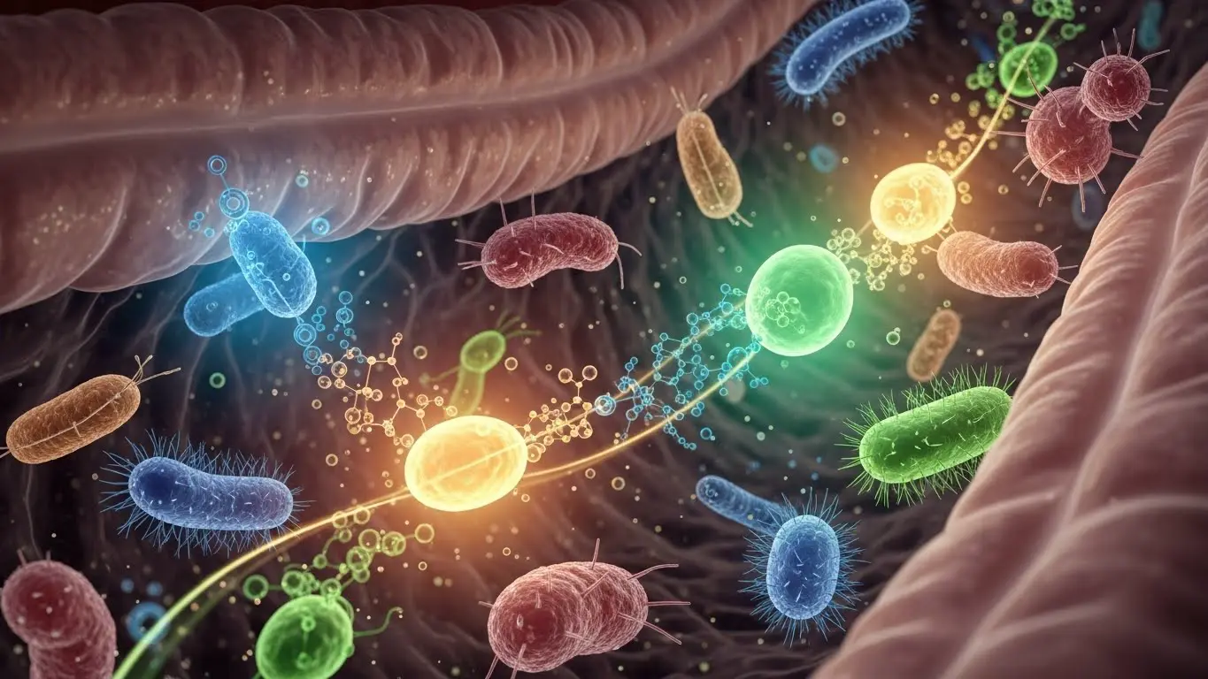 장내 미생물이 신경전달물질을 생성하는 과정을 시각적으로 표현한 미생물 일러스트