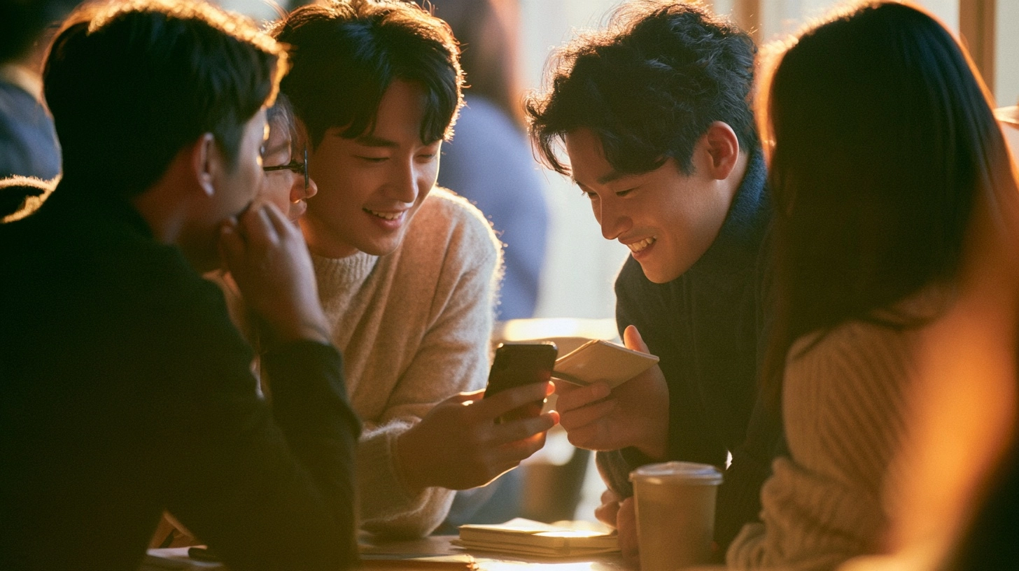 스마트폰 화면을 비교하며 이야기하는 두 사람