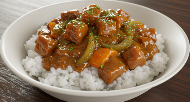 흰밥 위에 하이라이스 소스가 듬뿍 올려져 있다.