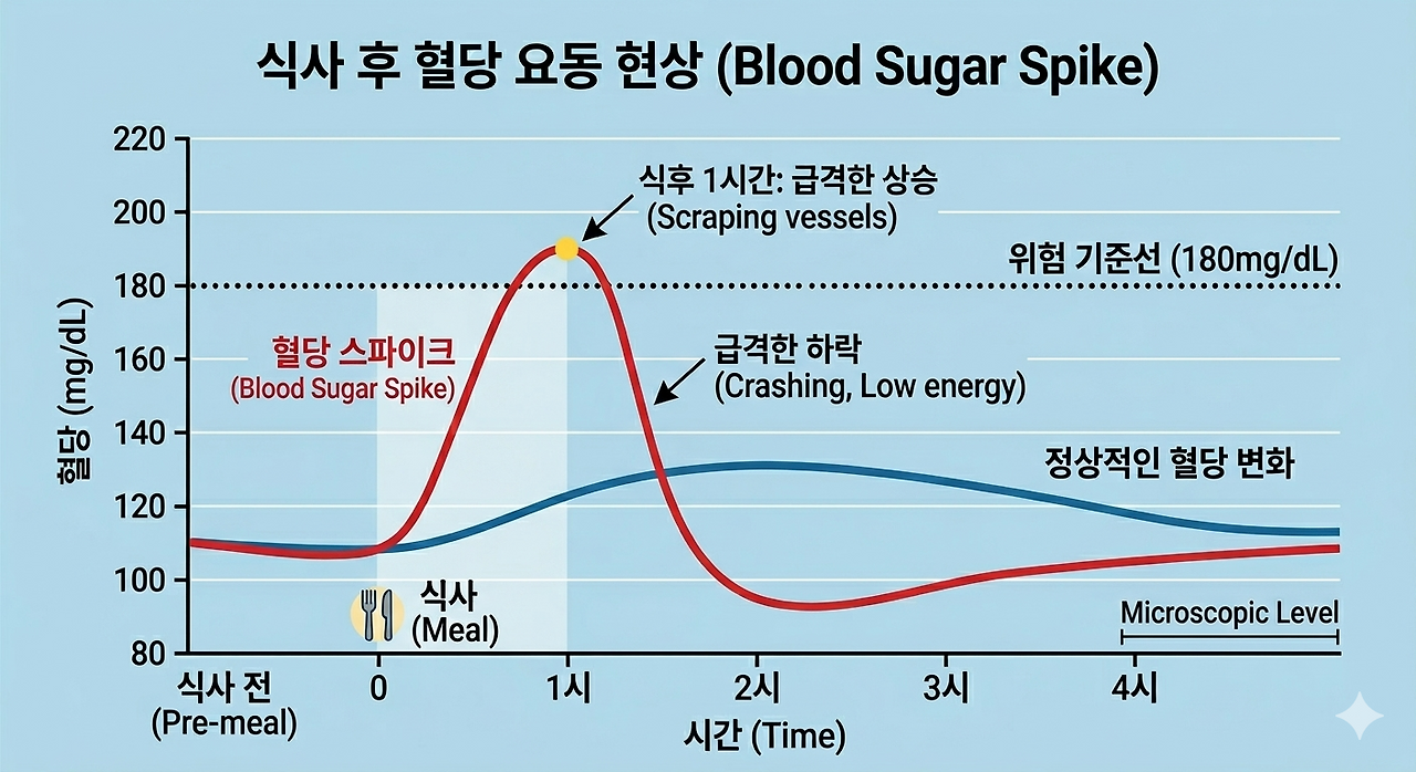 탄수화물 식사후 혈당 스파이크 , 2시간후 급격한 하락을 표시한 인포그래픽