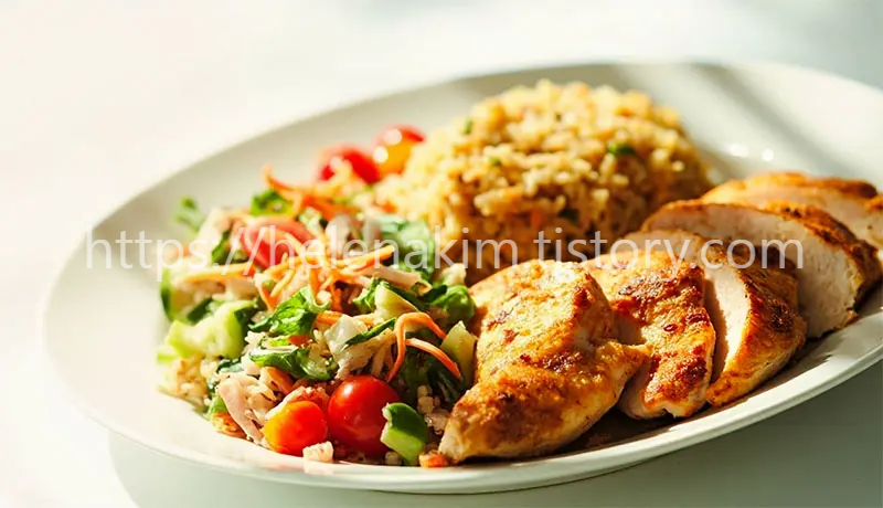 접시에 담긴 채소 볶음과 퀴노아, 닭가슴살 스테이크 식단 이미지.