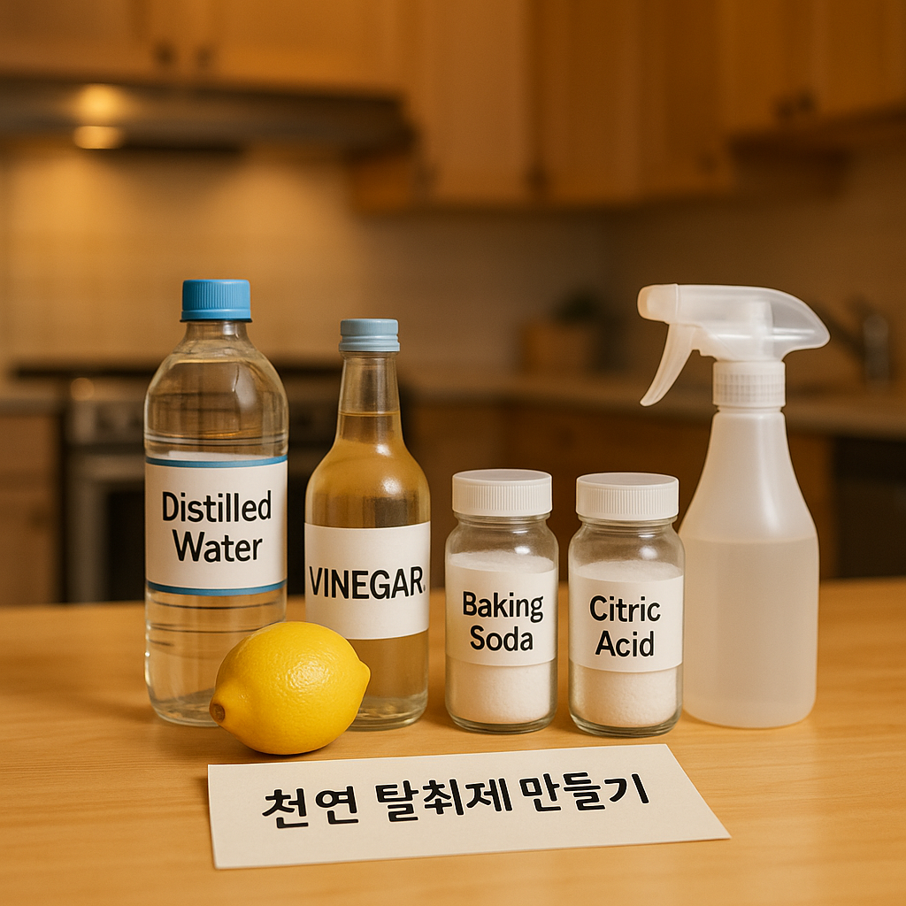 식탁 위에 정제수 병, 식초, 레몬, 베이킹소다, 구연산이 가지런히 놓여 있고, 옆에 스프레이 병이 함께 배치되어 있음