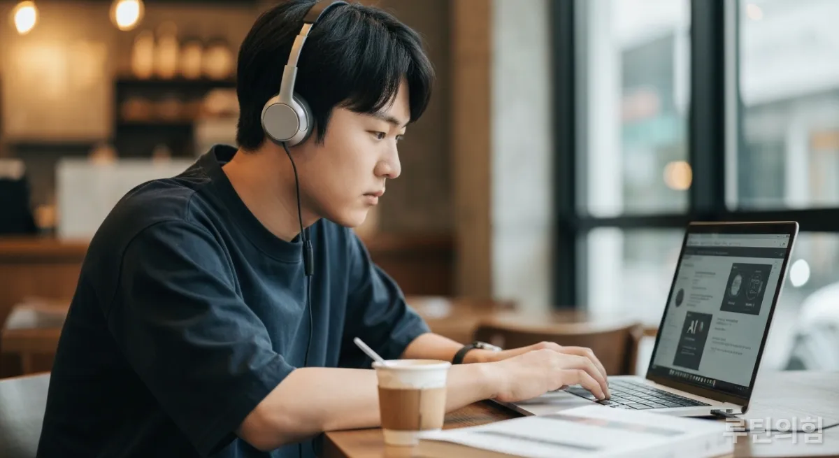카페에서 AI 활용 역량을 공부하는 한국인 취업 준비생