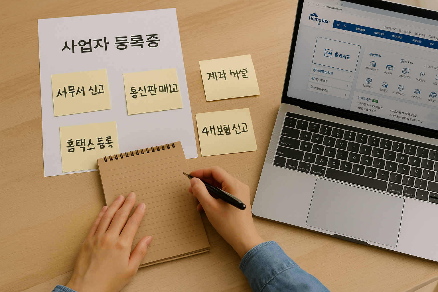 사업자 등록을 마친 후 세무 신고와 각종 절차를 준비하는 창업자의 책상 – 홈택스, 계좌개설, 4대보험 등 체크리스트가 보이는 장면
