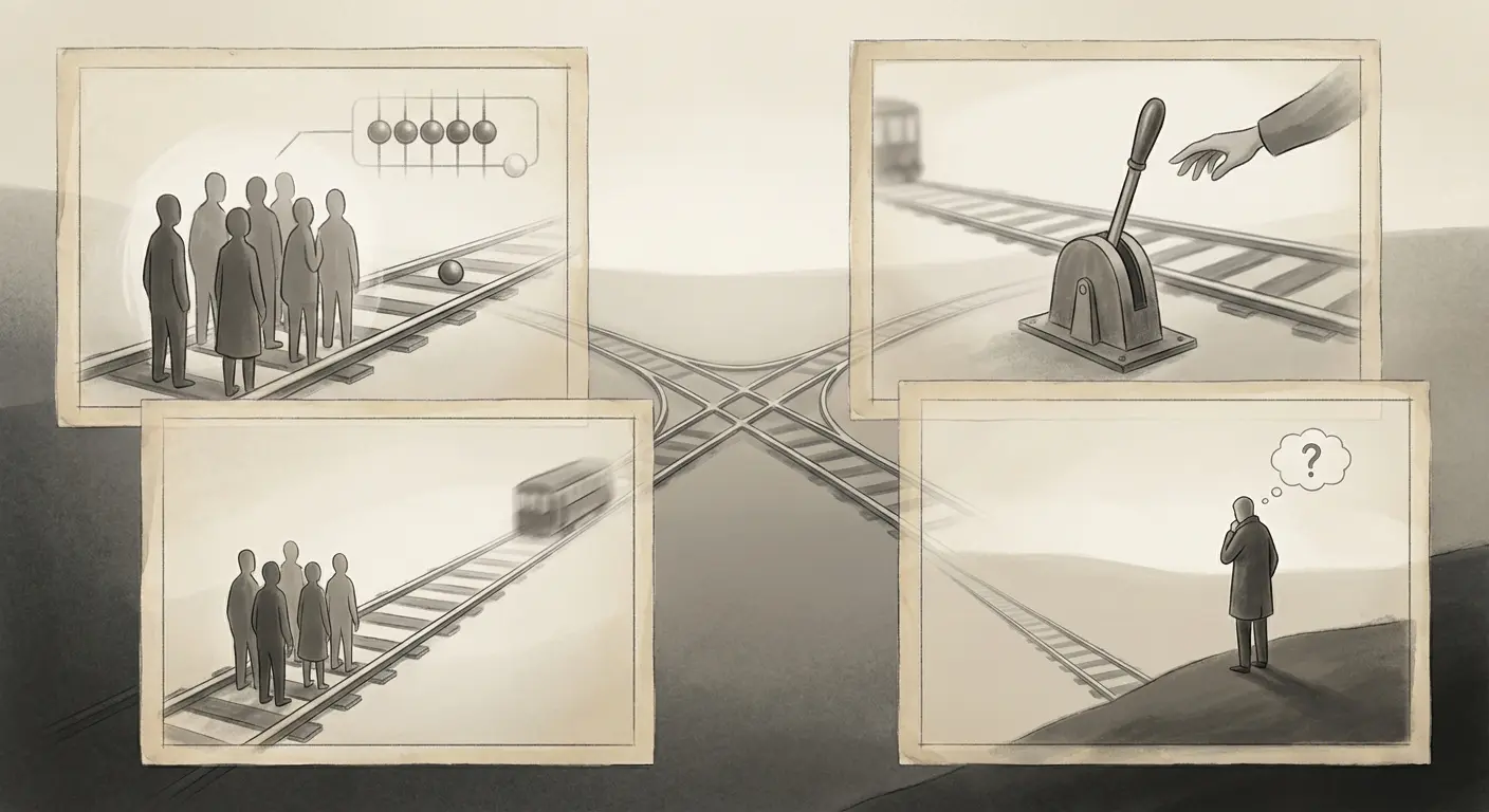 An illustration showing the same trolley problem described in different ways, leading to different judgments