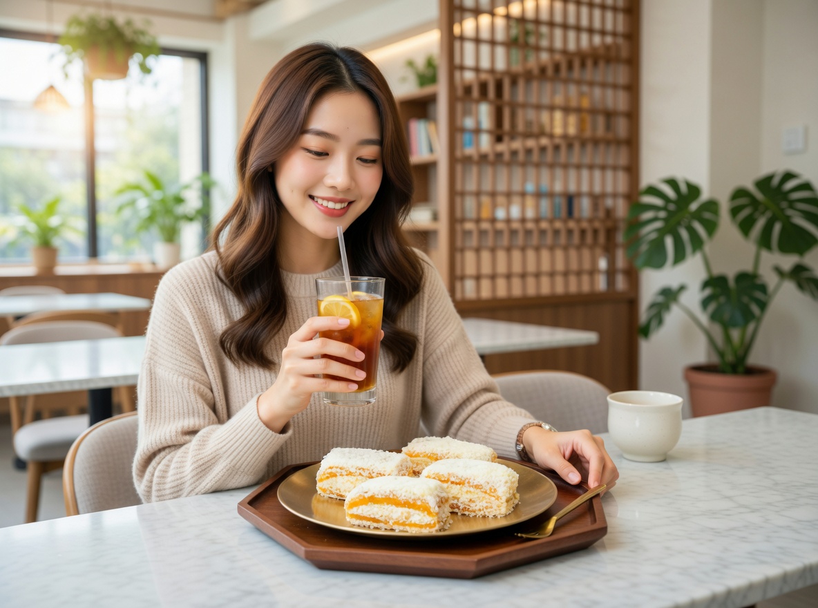 현대적인 인테리어의 홈카페에서 시원한 차와 함께 창억떡 호박인절미를 즐기는 모습. 황금빛 떡의 색감이 인테리어와 조화를 이루며 라이프스타일의 세련미를 강조하는 고화질 사진