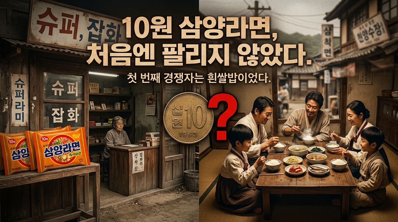 1960년대 한산한 라면 진열대와 쌀밥 식탁 비교 이미지