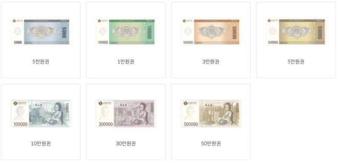 롯데 지류 상품권 종류 이미지