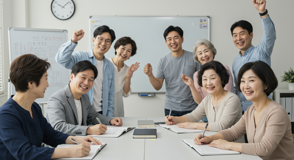 다양한 연령대의 사람들이 밝은 교실에서 요양보호사 교육을 받으며 웃고 있는 모습