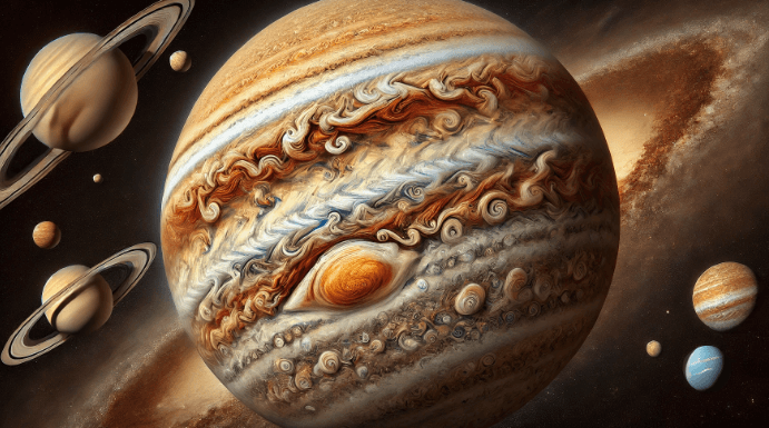 목성의 거대한 자태를 뽐내고 있다. 주변에는 토성의 고리 형태의 행성들이 있고 뒤로는 은하가 펼쳐져 있다 태양계의 모습이 상징적으로 그려지고 있다. 목성의 거대한 구름모양과 지그재그 형태의 층을 이룬 구름층들이 인상적이다.