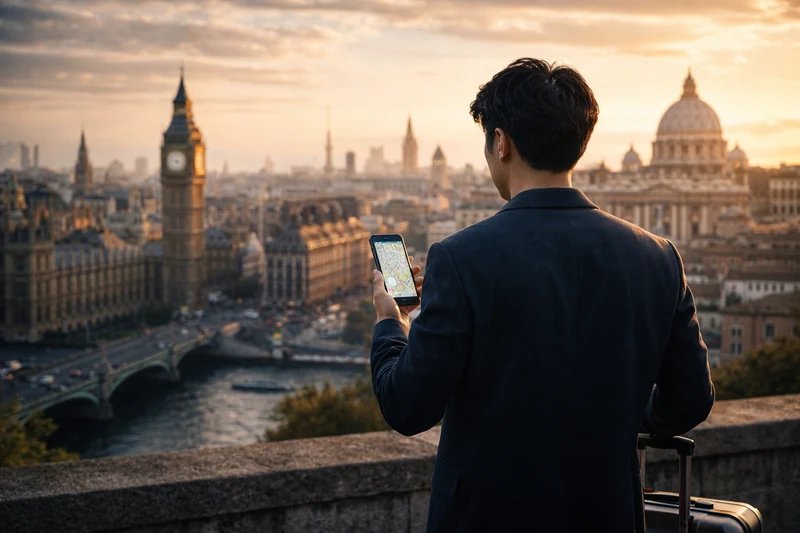 노을이 지는 유럽 도시 전경이 내려다보이는 전망대에서 한국인 남성 여행자가 스마트폰 지도를 확인하며 캐리어를 옆에 둔 채 서 있는 모습을 뒤에서 담은 이미지로, 런던과 로마를 연상시키는 건축물이 파노라마처럼 펼쳐져 있다.