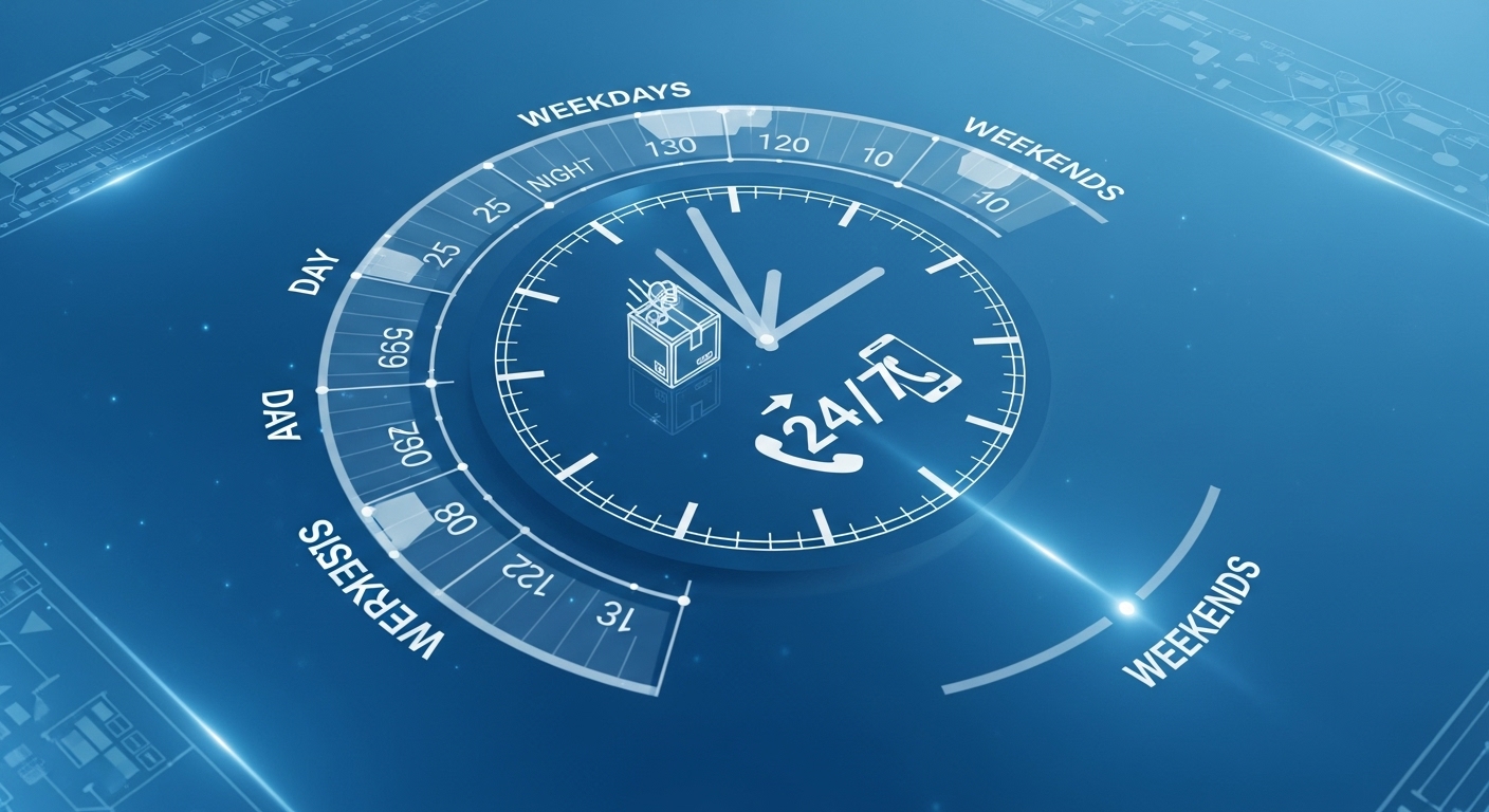 24시간 365일 언제든 온라인으로 유심을 신청하고 배송받을 수 있는 편리함을 나타내는 시계와 배송 상자 아이콘.