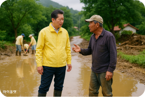 피해 현장서 피해주민의 의견 청취하는 정의원(가상으로 AI 재현)