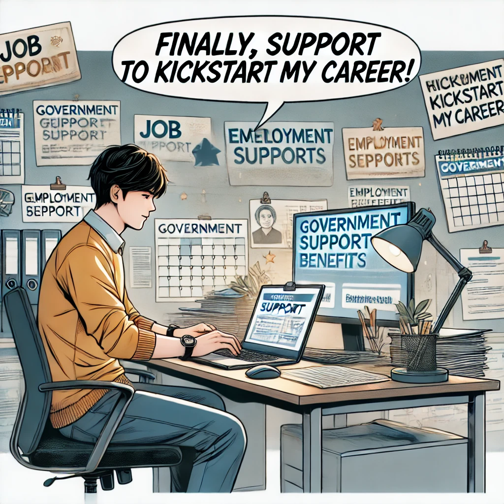 청년이 책상에 앉아 고용 지원 웹사이트를 보고 있는 모습