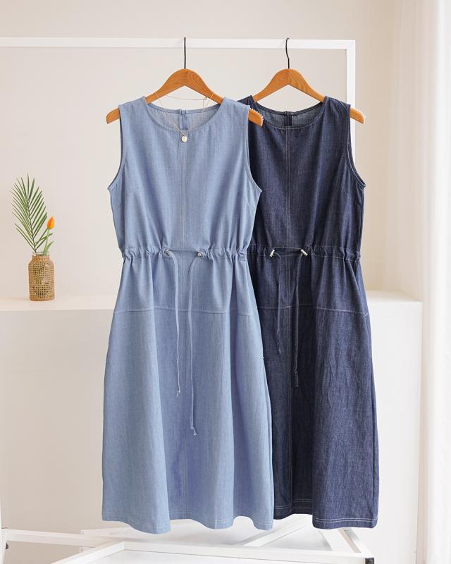 라이브 오드인 데님 나시 스트링 롱 원피스