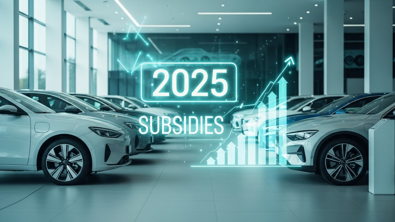2025년 전기차 보조금 개편으로 최대 400만원 지원을 받을 수 있는 기회를 상징하는 이미지. 다양한 전기차가 전시된 현대적인 쇼룸에 '2025'와 '보조금' 관련 디지털 그래픽이 오버레이 되어 구매 혜택을 시사합니다.