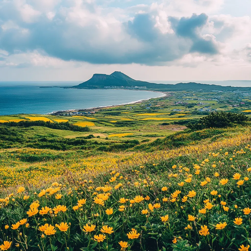 제주도 성산일출봉과 바다, 유채꽃 이미지