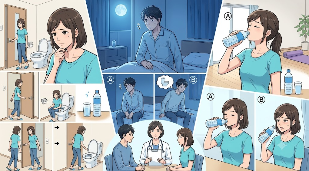 배뇨 횟수와 양, 야간 각성 원인, 갈증과 다뇨의 차이를 다룬 Q&amp;A 핵심 상황 요약 일러스트