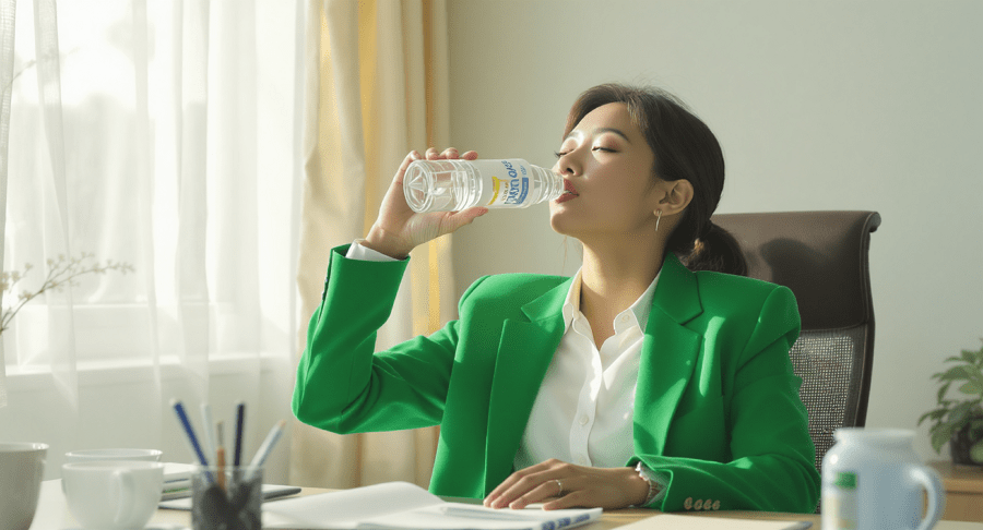 사무실에서 스트레스와 피로를 느끼며 물을 마시는 젊은 직장 여성