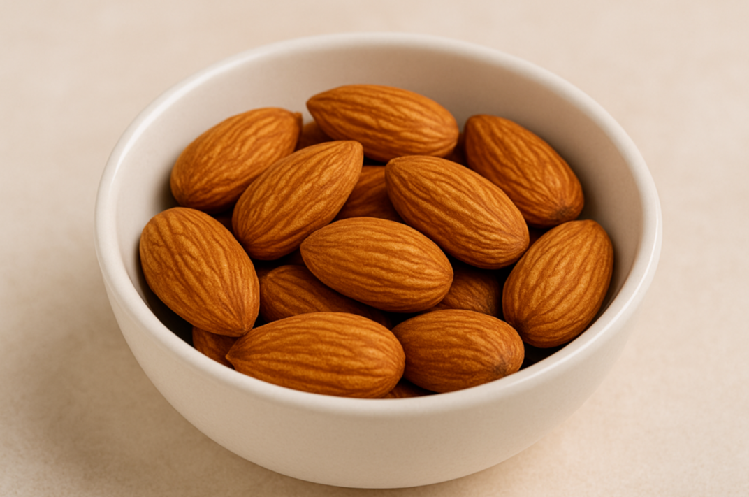 적당량의 아몬드를 담은 접시, 건강한 지방이 풍부한 다이어트 간식