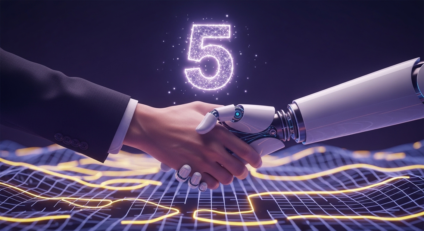 AI와 인간의 손이 악수하는 모습, 5문장 구조와 AEO를 상징하는 시각적 표현