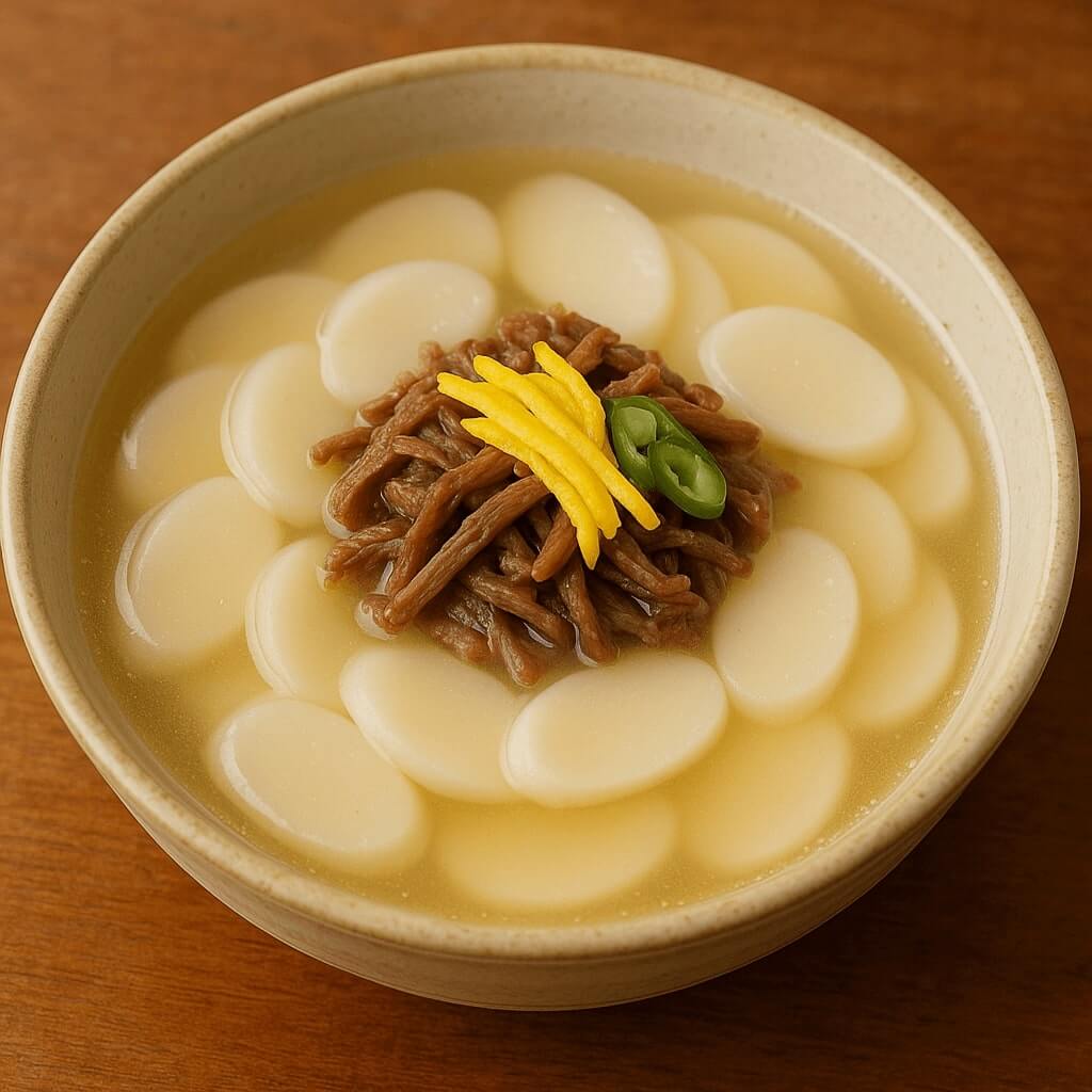 정갈하게 썰은 떡으로 잘 조리된 떡국