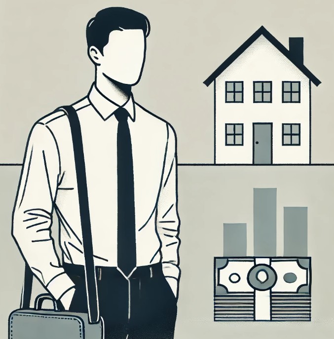 정장을 입은 직장인 남성과 집과 돈이 함께 그려진 그림