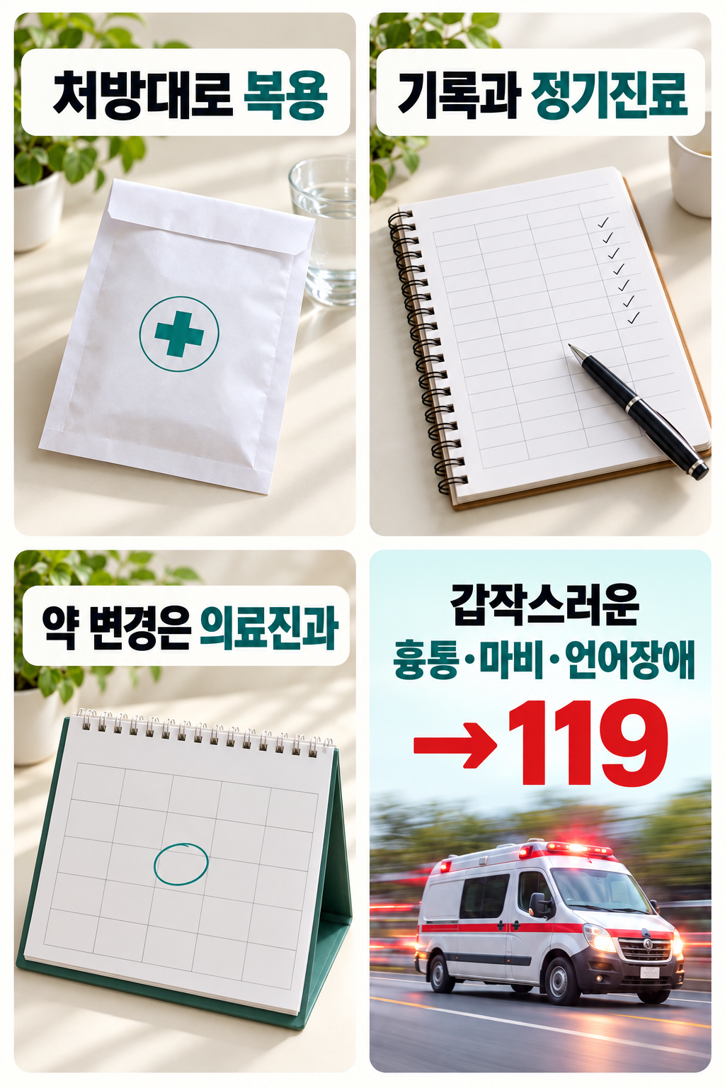 처방 정보·혈압 기록·진료 일정과 갑작스러운 응급증상 시 119 연락을 함께 정리한 구성