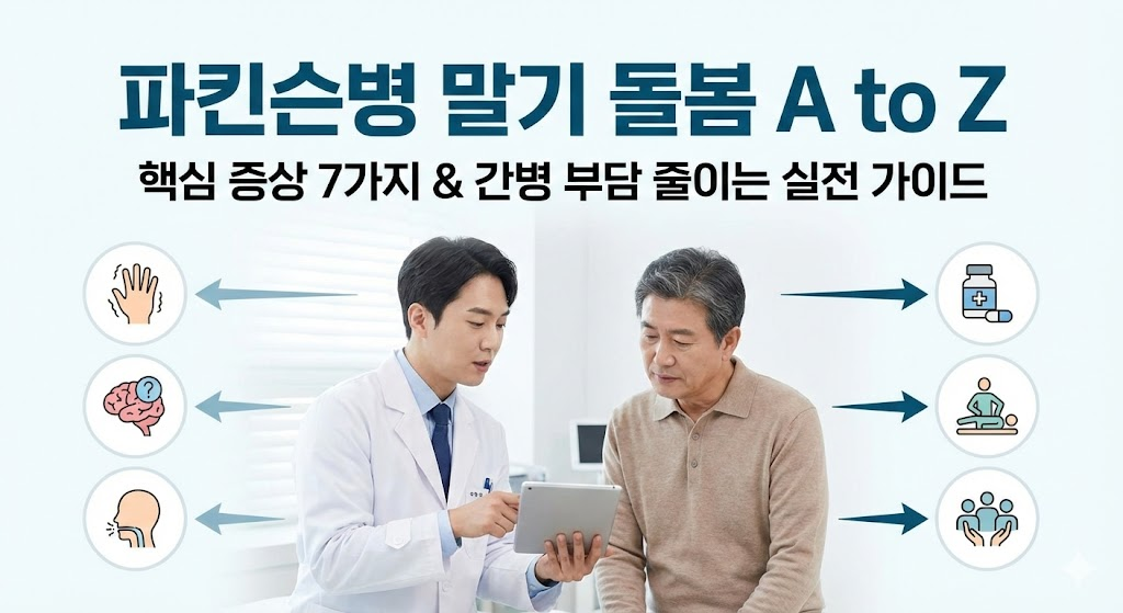 의사가 보호자에게 파킨슨병 증상과 관리법을 설명하는 모습의 인포그래픽 스타일 썸네일 이미지.