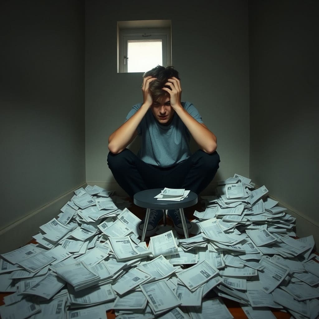 방 안에서 한 청년이 쌓여있는 고지서나 월세 청구서를 보며 한숨을 쉬거나 이마를 짚고 있는 모습을 그립니다. 약간 어두운 톤으로 월세 부담의 무게감을 표현하되, 너무 절망적이지 않게 문제 상황을 보여주는 데 초점을 맞춥니다.