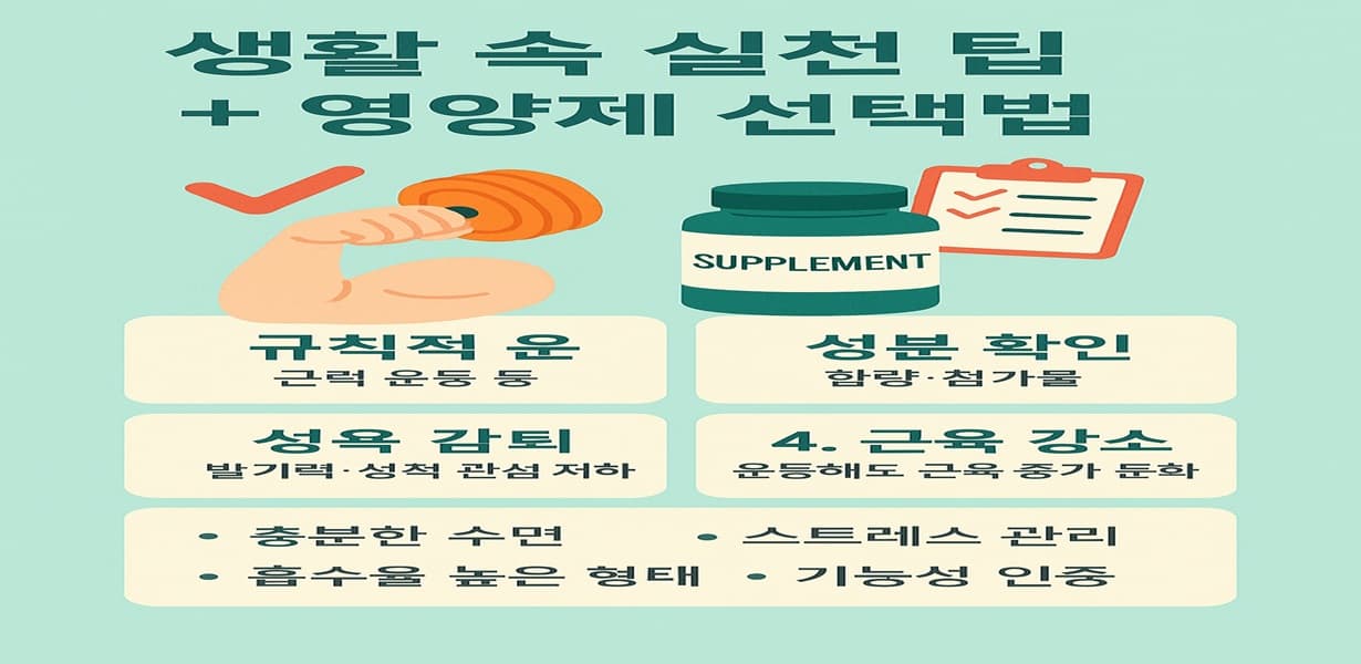 운동, 수면, 성분 확인 등 남성 건강을 위한 실천 팁과 영양제 선택 기준을 시각화한 인포그래픽