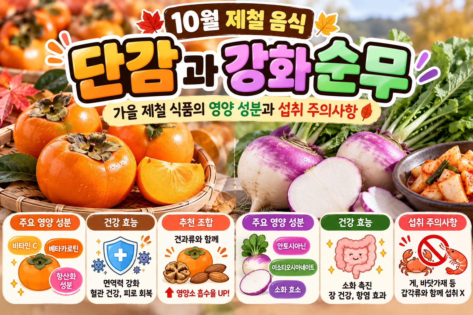 10월 가을 제철 식품인 단감과 강화 순무의 영양 성분, 건강 효능 및 섭취 주의사항을 소개하는 건강정보 썸네일 이미지. 왼쪽에는 주황색 단감과 비타민 C, 베타카로틴, 항산화 성분을 나타내는 아이콘이 배치되어 있으며, 오른쪽에는 보라색 강화 순무와 순무김치, 안토시아닌, 이소티오시아네이트, 소화 효소를 소개하는 이미지가 표현되어 있다. 단감과 견과류의 조합 및 섭취 시 주의사항도 함께 안내하고 있다.