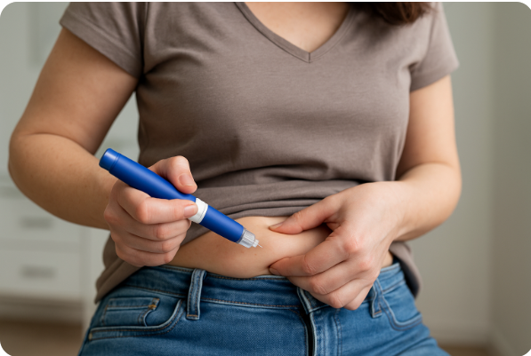 당뇨.비만여성이 복부에 자가 주사하는 모습