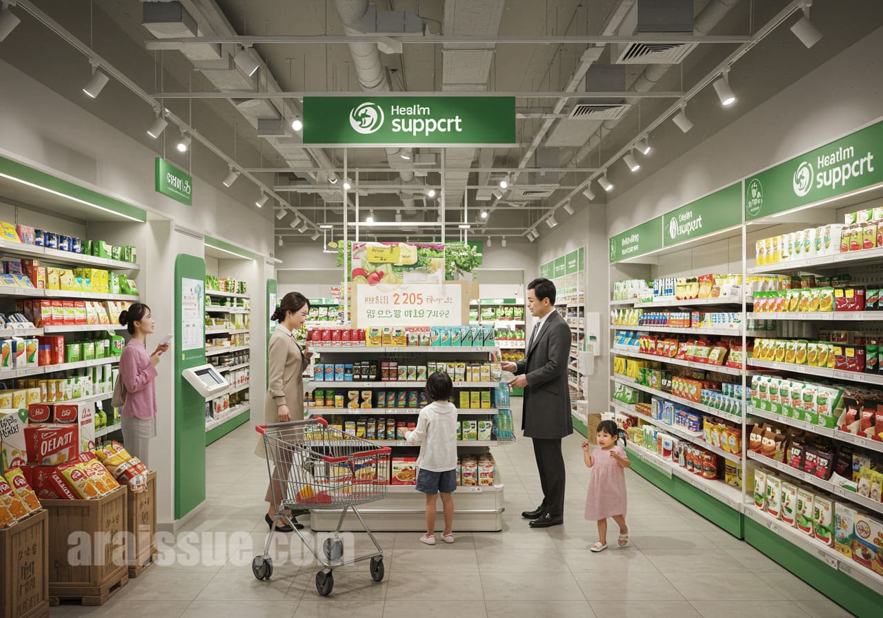 한국인 가족이 현대적인 슈퍼마켓에서 건강 포인트를 사용하여 건강 관련 제품을 구입하는 장면입니다. 건강 관리에 필요한 제품을 선택하는 모습입니다.