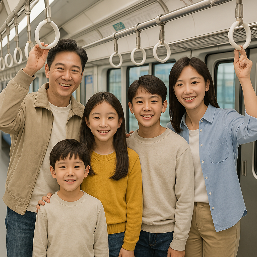 지하철을 같이 타고 있는 5일가족 이미지