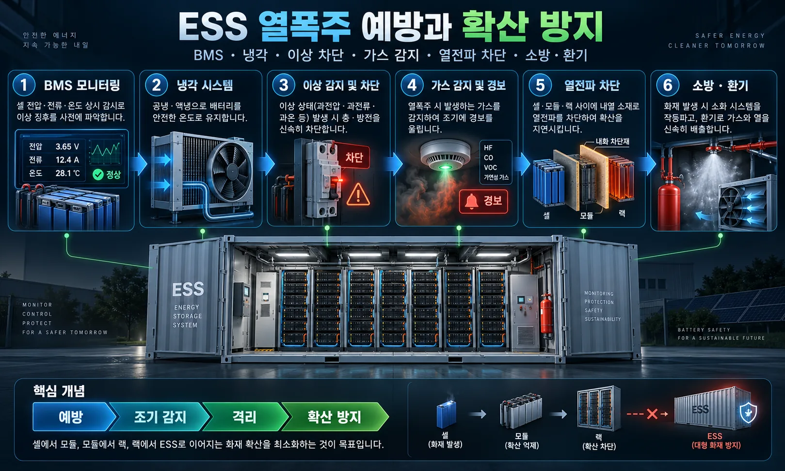 BMS 모니터링과 냉각, 이상 차단, 가스 감지, 열전파 차단, 소방과 환기로 ESS 열폭주 확산을 예방하는 방법을 정리한 인포그래픽