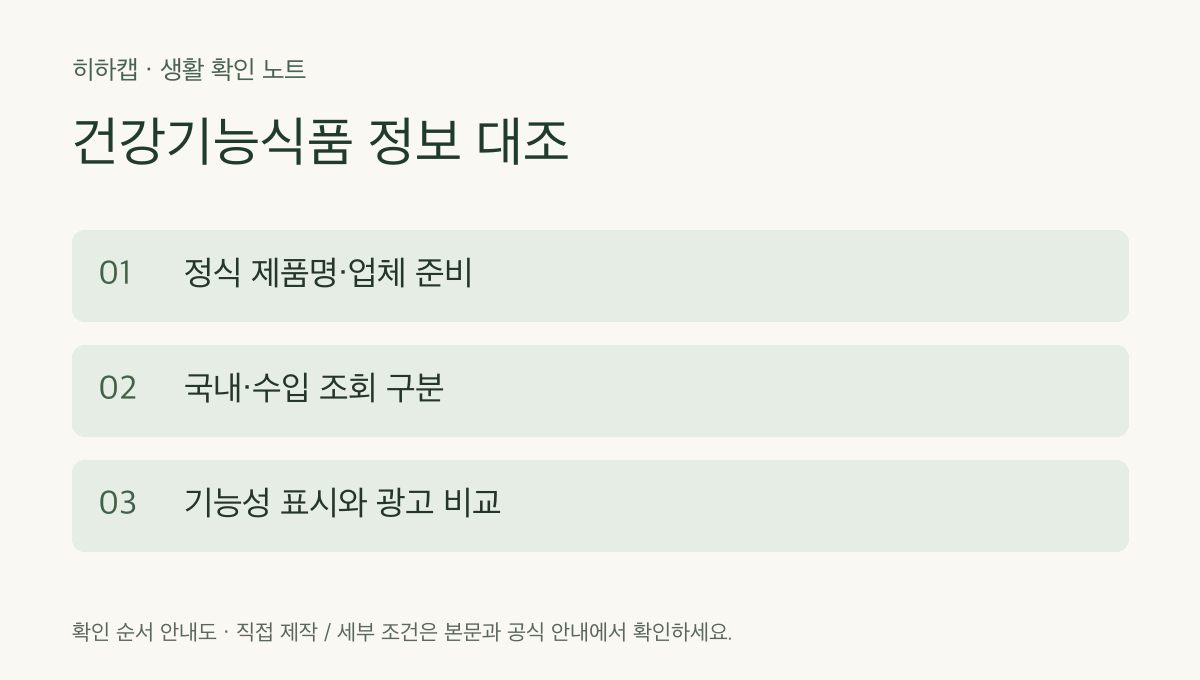 건강기능식품 정보 대조 확인 순서: 정식 제품명·업체 준비 → 국내·수입 조회 구분 → 기능성 표시와 광고 비교