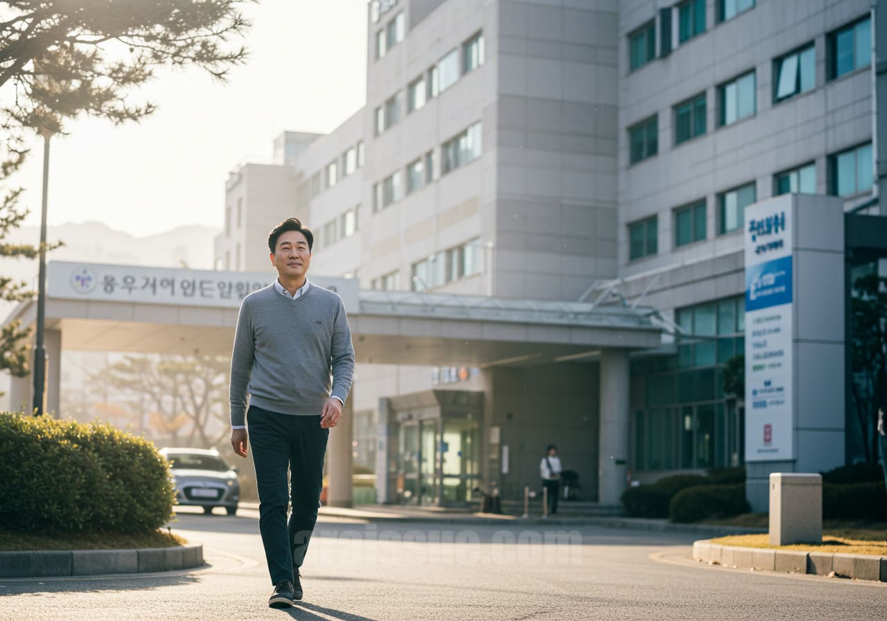 실손보험으로 인해 심리적 부담 없이 병원을 방문하는 한국 중년 남성의 모습.
밝은 아침 햇살 아래 현대적인 한국 병원을 배경으로 자연스럽게 걸어가는 장면입니다.