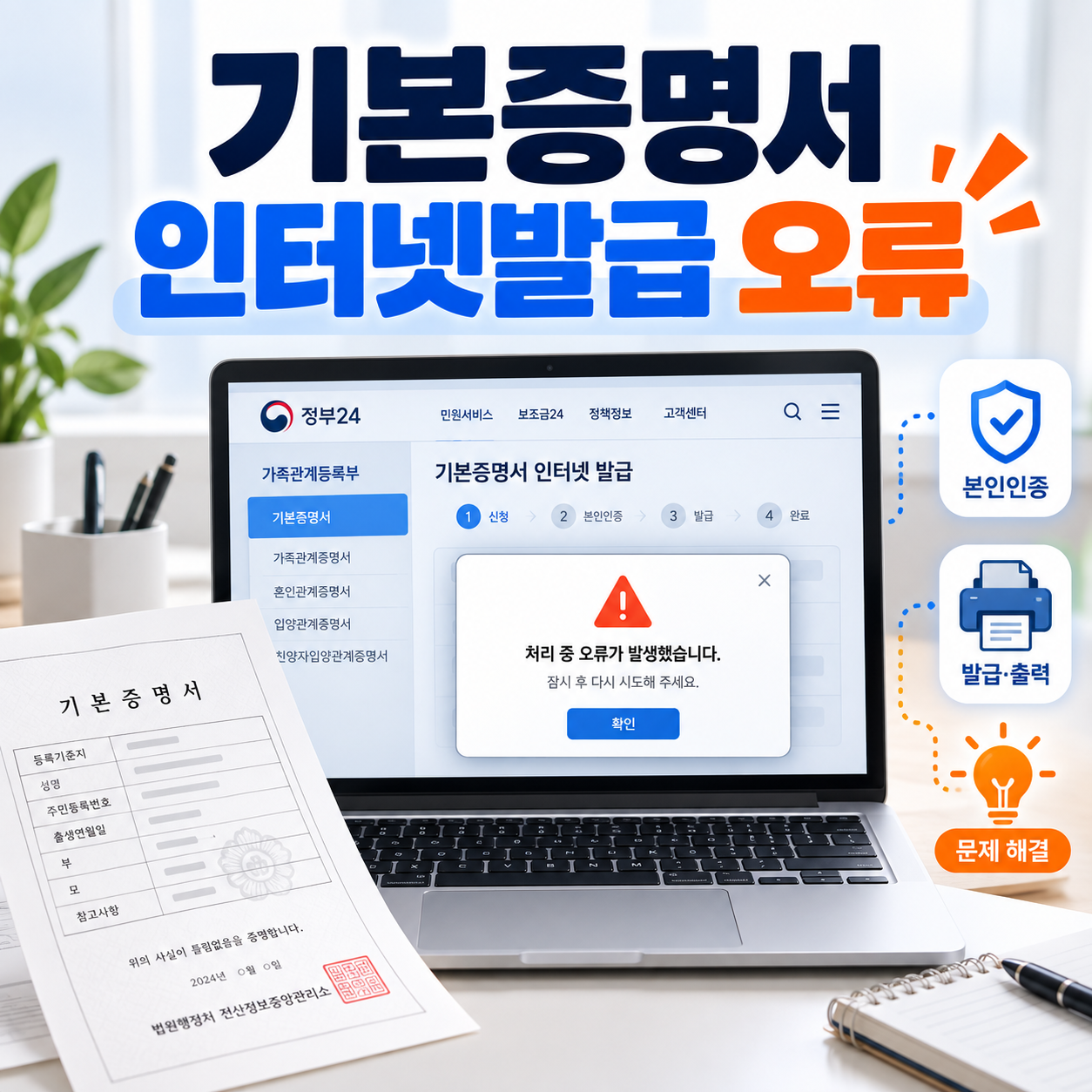 기본증명서 인터넷발급 안될 때