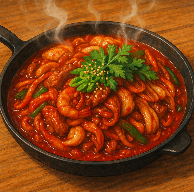 빨간 낙곱새가 그릇에 맛있게 담겨 있는 사진