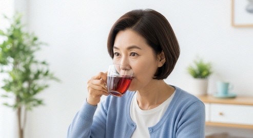 드라마 대신 차를 마시며 여유를 찾는 중년 여성