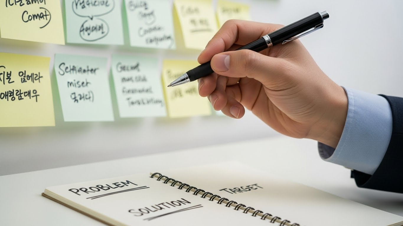 전자책 주제 선정을 위해 포스트잇에 문제와 해결책을 적어가며 아이디어를 구체화하는 한국인의 손